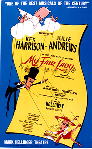 Original Broadway poster for 'My Fair Lady.' Fair use of photo of historically significant item, used solely for informational and educational purposes. Sourced through Wikimedia Commons.