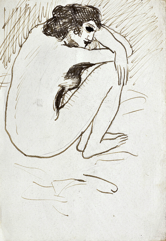 This impressive pen and ink drawing by Pablo Picasso titled ‘Nue Accroupi’ will be offered for $50,000 to $70,000. Clars Auction Gallery image.