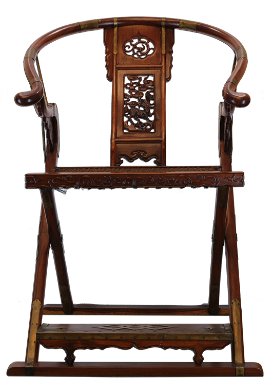 Huanghuali folding horseshoe-back armchair, Ming style, with woven cane seat, late 20th century. China Arts image.