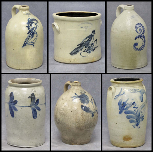 Collection salt glaze cobalt decorated stoneware. William Jenack Estate Appraisers and Auctioneers image.
