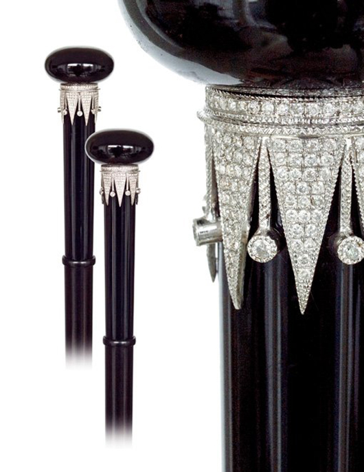 Grand class dress cane, circa 1920, having a deep black onyx handle studded with diamonds and a gold collar. Overall length: 37 inches. Estimate: $5,000-$7,000. Kimball M. Sterling Co. image.
