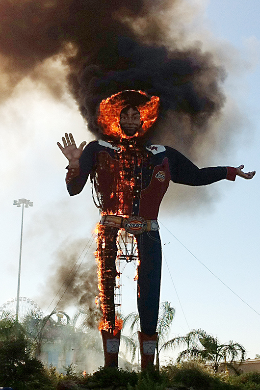 Big Tex, an icon at the State Fair of Texas since the early 1950s, burned on Oct. 19. Image by Christian Bradford. This file is licensed under the Creative Commons Attribution 2.0 Generic license.