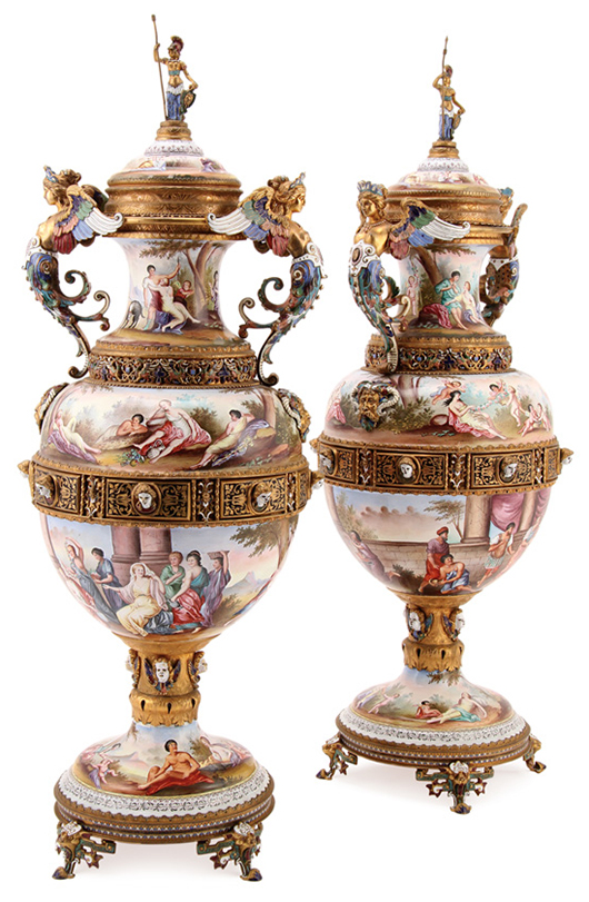 This pair of palace-size Viennese enameled and gilt bronze lidded urns in the manner of Hermann Bohm will be offered at Jackson’s Nov. 13-14 auction. Jackson’s International image.
