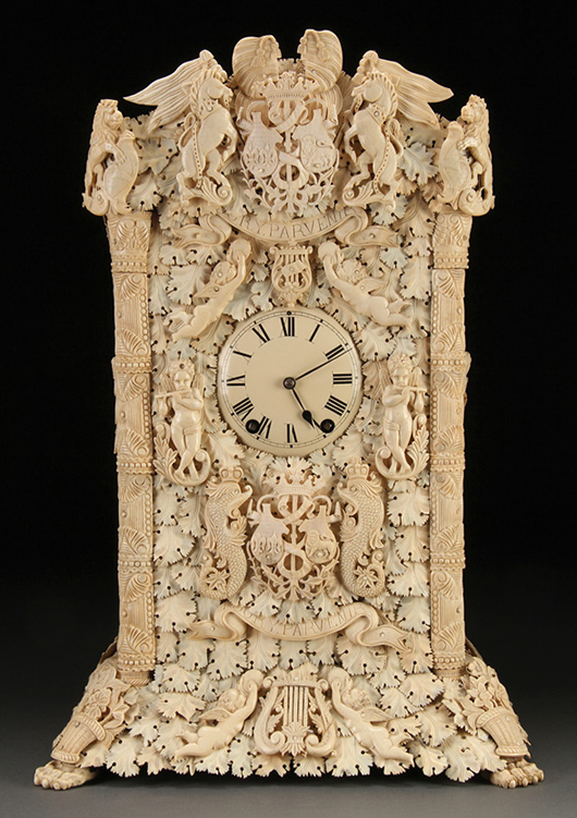 This French Napoleon III Dieppe carved ivory mantel clock will be offered at Jackson’s Nov. 13-14 auction. Jackson’s International image.