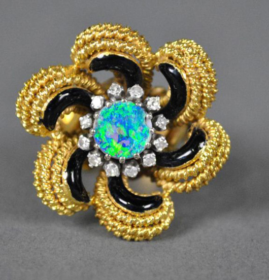 Among the items already consigned to Leighton Galleries' Dec. 6 auction is this enameled diamond and opal cocktail ring, est. $600-$700. Leighton Galleries image.