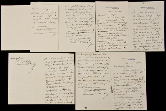 A group of five letters from William McKinley to his wife, Ida, part of a large archive of material relating to the president and his secretary of state (and later Supreme Court justice) William R. Day. Estimate: $10,000-$15,000. PBA Galleries image.