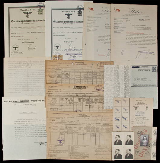 An important archive of letters, documents, photographs and other material relating to the life and family of Alfred Schnurmann, a German Jew who managed to emigrate from Germany in 1940. Estimate: $80,000-$120,000. PBA Galleries image.