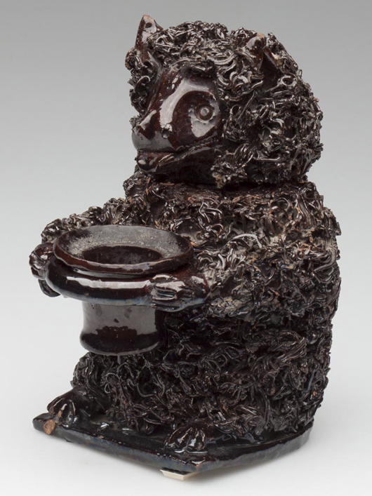Rare Shenandoah Valley of Virginia earthenware bear-form manganese-glazed inkstand in four parts, attributed to Anthony Bacher, Winchester, Va. Estimate: $10,000-$15,000. Jeffrey S. Evans & Associates image.