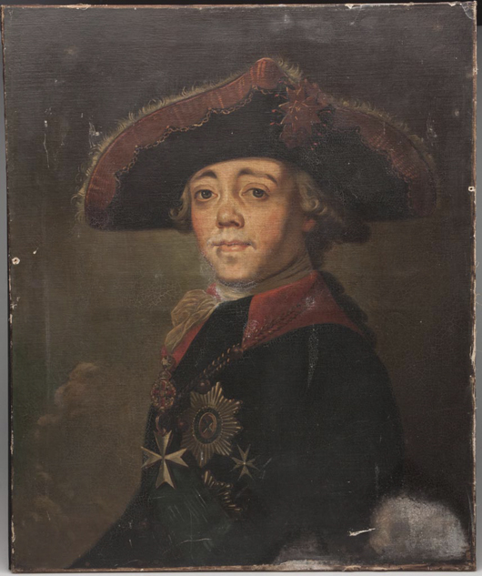 Russian school Czar Paul I portrait, oil on canvas, 18th/19th century, 28 1/2 by 23 1/2 inches, attributed to a follower of Dmitry Levitsky or Stepan Schukin. Estimate: $1,000-$1,500. Jeffrey S. Evans & Associates image.