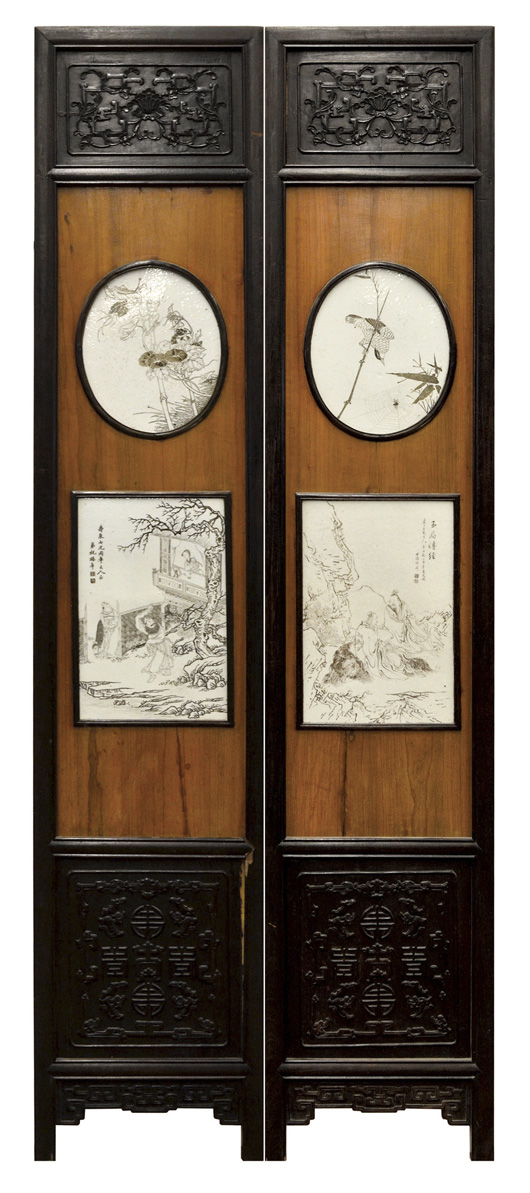 This two-panel screen is inset with four porcelain plaques from the late Qing/early Republic period. The screen features two oval-form plaques etched with bird and flowers above two rectangular plaques etched and painted with narrative figural scenes. Clars Auction Gallery image.