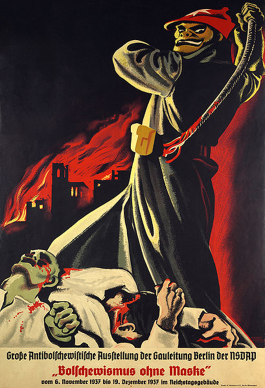 A 1937 anti-Bolshevik Nazi propaganda poster. A man with a skeleton face stands over bloody corpses, wielding a whip. His hat and clothing are Bolshevik in style. Translated, the text reads: 