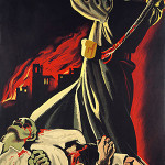 A 1937 anti-Bolshevik Nazi propaganda poster. A man with a skeleton face stands over bloody corpses, wielding a whip. His hat and clothing are Bolshevik in style. Translated, the text reads: