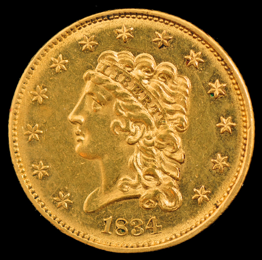 1834 Classic Head $2.50 gold piece. Estimate: $400-$1,100. Kennedy’s Auction Service.