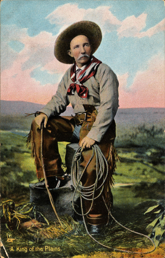 The American cowboy, 'King of the Plains,' as depicted on an early 1900s postcard published by Raphael Tuck & Sons.