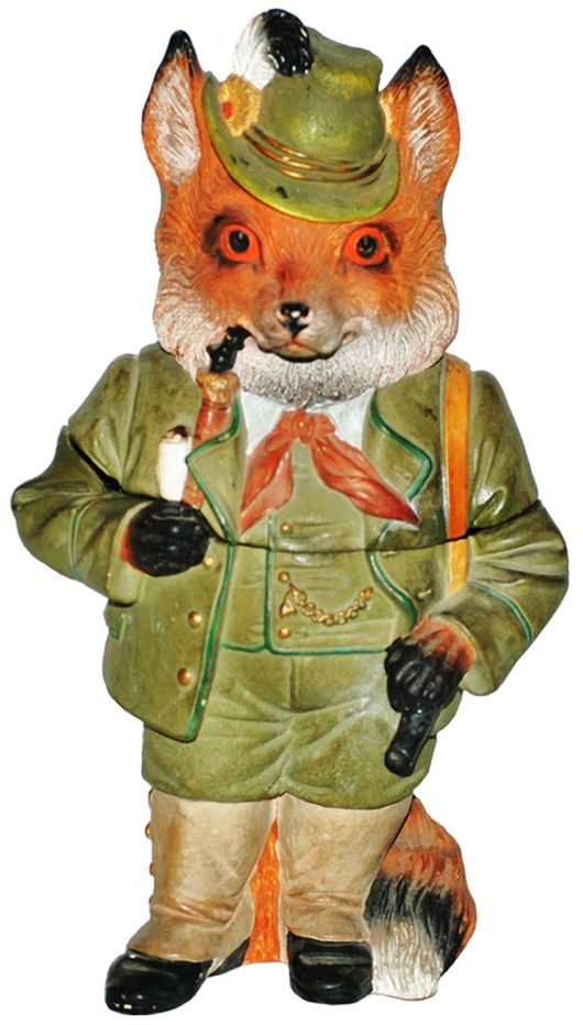 This well-dressed fox is a tobacco jar, not a figurine or a cookie jar. He is dressed to go hunting. The terracotta jar is marked by Jon (Johan) Maresh, who used the mark 