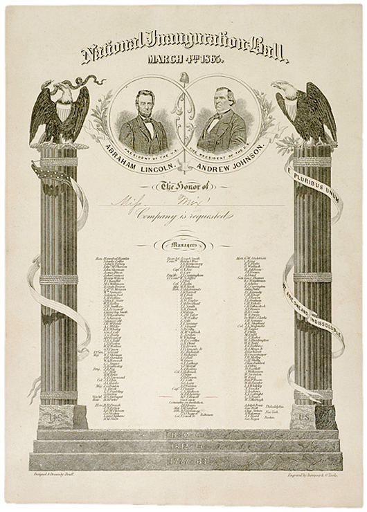 Invitations to Abraham Lincoln's inaugural balls, similar to the one shown here, were among the items stolen by Barry Landau, who was assisted in his trail of thefts by Jason Savedoff. Image courtesy of LiveAuctioneers.com Archive and Early American History Auctions.