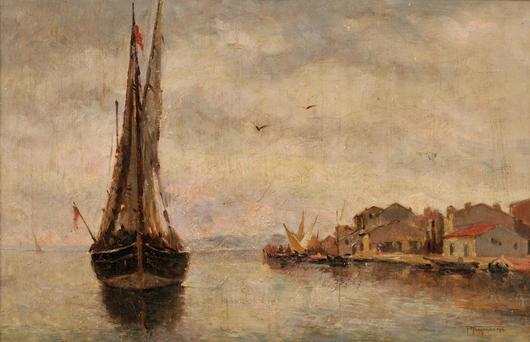 Pietro Fragiacomo (Italian, 1856-1922), ‘Ship Coming into Port.’ Signed ‘P Fragiacomo.’ Oil on canvas, 14 1/2 x 22 3/4 inches. Estimate: $1,500-$2,000. Skinner Inc. image.