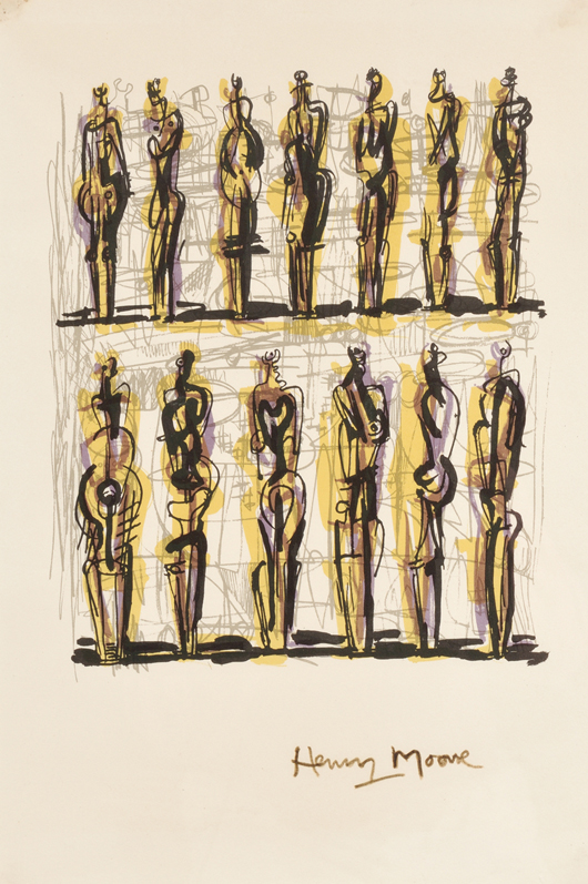Henry Moore (British, 1898-1986), ‘Thirteen Standing Figures from Heads, Figures and Ideas,’ 1958, outside the edition of 150. Inscribed ‘Henry Moore. Color lithograph on paper, sight size 17 1/2 x 11 3/4 inches, framed. Estimate: $400-$600. Skinner Inc. image.
