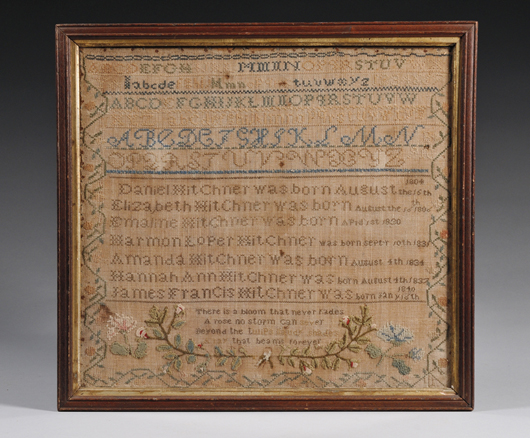 Needlework sampler, American, second quarter 19th century, silk and wool threads on a linen ground, 17 x 18 1/4 inches in a period molded wood frame. Estimate:$300-$500. Skinner Inc. image.