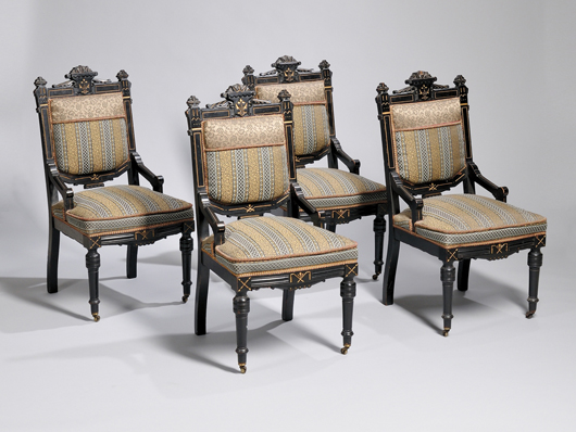 Set of four Victorian Eastlake-type upholstered parcel-gilt ebonized carved walnut parlor side chairs. Estimate: $300-$400. Skinner Inc. image.