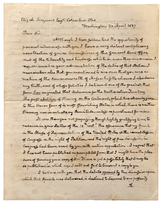 Adams, John Quincy (1767-1848) autograph letter signed, 20 April 1837. Estimate: $80,000-$120,000. Skinner Inc. image. 