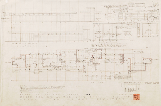 Wright, Frank Lloyd (1869-1959) architectural drawing, signed, Aug. 20, 1949. Estimate: $5,000-$7,000. Skinner Inc. image.