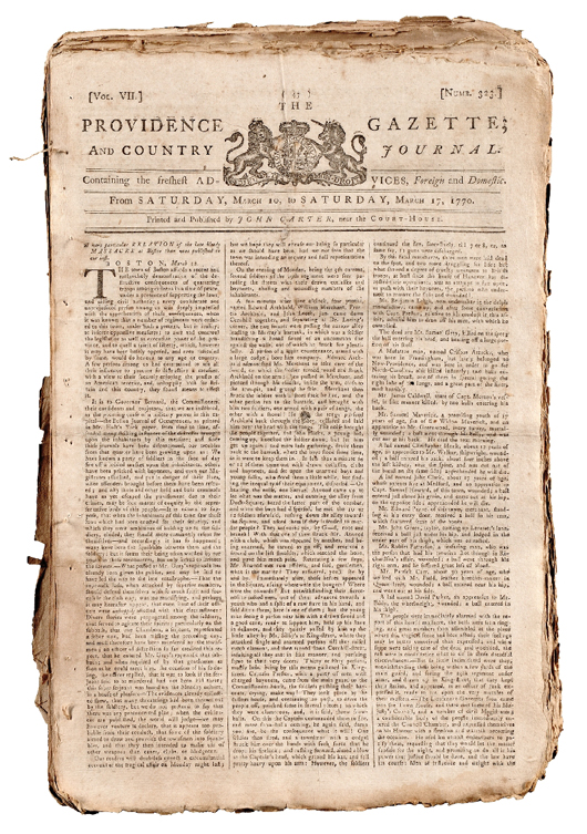 Newspapers, Boston Massacre: ‘Providence Gazette and Country Journal.’ Approximately 100 issues, from Jan. 13, 1770 to Dec. 22, 1770, and Jan. 5, 1771 to Dec. 21, 1771. Estimate: $2,500-$3,500. Skinner Inc. image. 