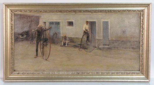 Lovely 19th century oil painting of cyclists, framed, with remnants of signature visible. Price realized: $3,231. S&S Auction image.