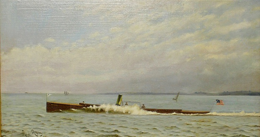 Oil on canvas nautical portrait of the runabout Norwood, signed l.l. ‘A.J. Ripley ’92.’ Estimate: $1,000-$2,000. Wiederseim Associates Inc. image.