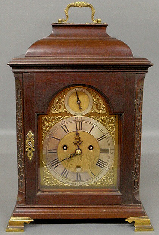 English Chippendale mahogany cased bracket clock, 19th century, signed ‘J. Walker, N. Castle.’ Estimate: $2,000-$3,000. Wiederseim Associates Inc. image. 