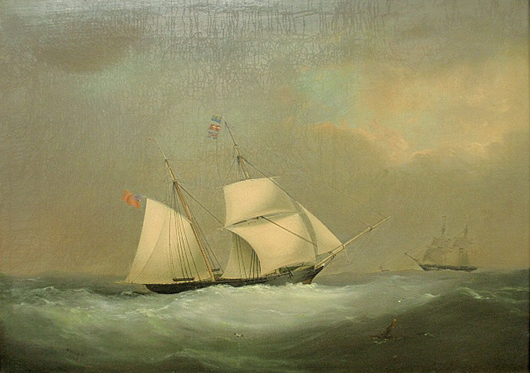 Nicholas Condy (British, 1816-1851) oil on canvas seascape painting with brigs under sail and signed l.l. ‘N. Condy Jun 1841.’ Estimate: $3,000-$3,500. Wiederseim Associates Inc. image.