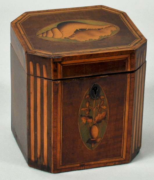 Fine Regency inlaid mahogany tea caddy. Woodbury Auction image.