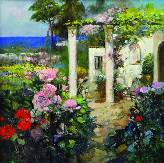 Earning almost double its high estimate was ‘Garden by the Sea,’ an oil on canvas by Guiseppe D’Angelico Pino (American, 1939-2010), which sold for $8,888. Clars Auction Gallery image.