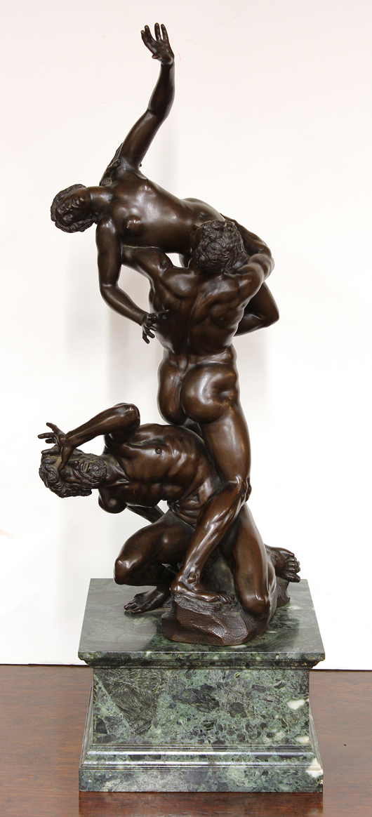The 19th century Italian School bronze sculpture titled ‘The Rape of the Sabine Women’ sold for $82,950 after a flurry of international bidding. Clars Auction Gallery image.
