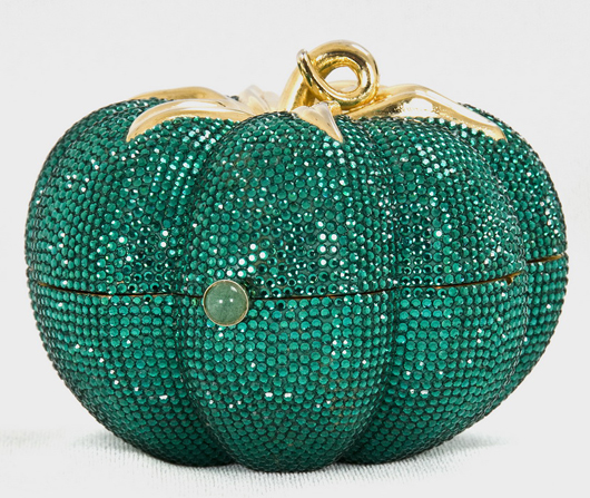 Judith Leiber green tomato minaudiere with rhinestones, 1990. Full-bead green tomato crystal novelty evening bag; drop-in chain, jade cabochon closure, 3 inches high, 4 inches wide, 4 inches deep. Abell Auction Co. image.