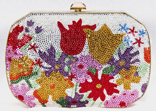 Judith Leiber full-beaded tulip purse. Silver bead background with tulips and other flowers, drop in handle, gold leather lining, 4.5 inches high, 7 inches wide, 2 inches deep. Abell Auction Co. image.