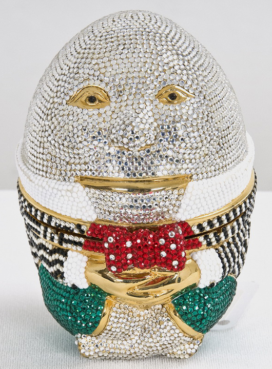 Judith Leiber Humpty Dumpty specialty bag. Novelty evening bag with silver crystal head and multicolor suit, gold tone eyes, lips, and hands, drop in chain, gold leather interior, 5 inches high, 4 inches wide, 4 inches deep. Abell Auction Co. image.