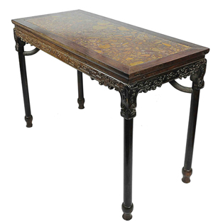 18th-century Zitan 'dragon'-insert Ming puddingstone-top table. Dragon pattern on all sides. Distinctive style of Qing Empire Qianlong Palace furniture. Extremely rare and precious. Note: straight legs may be 19th-century additions. Estimate $60,000-$100,000. Golden State Auction Gallery image.
