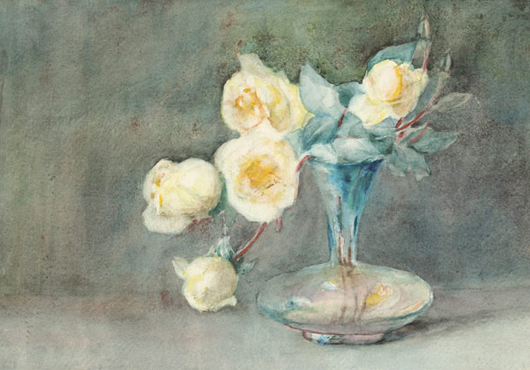 John La Farge (American 1835-1910), Yellow Roses in a Blue Glass Vase, watercolor & gouache on wove paper. Estimate:  $150,000 / 200,000. Michaan's image.