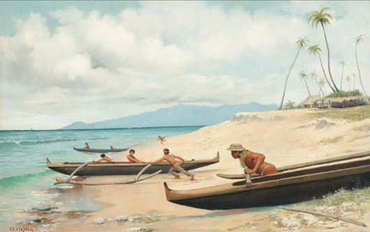 Joseph Dwight Strong Jr (American 1852-1899), Diamond Head, Hawaii - Launching the Outriggers, 1888, oil on canvas. Estimate:  $60,000 / 90,000. Michaan's image.