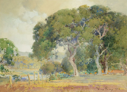 Percy Gray (American 1869-1952), Majestic Oaks with Poppies, 1923, watercolor on paper laid to board. Estimate:  $20,000 / 30,000. Michaan's image.