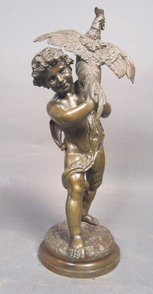 Emile Laporte (French, 1858-1907), bronze of young boy and rooster, 27 3/4 inches tall. Signed on base: E. Laporte, Fa. Ga Daix. Sterling Associates image.