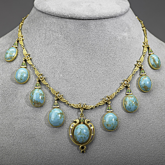 Egyptian Revival enameled gold fringe necklace. Estimate: $2,000-$3,000. Rago Arts and Auction Center image.
