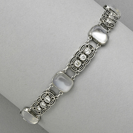 Louis Comfort Tiffany moonstone bracelet, circa 1915. Estimate: $4,000-$6,000. Rago Arts and Auction Center image.