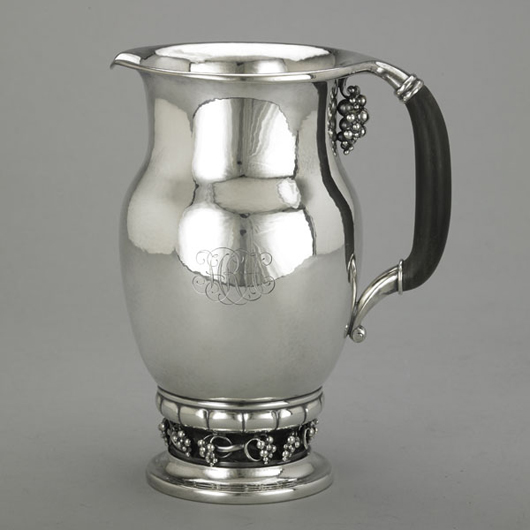 Georg Jensen silver ‘Grape’ pitcher. Estimate: $4,000-$6,000. Rago Arts and Auction Center image.