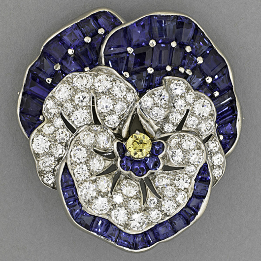 Oscar Heyman sapphire and diamond pansy brooch. Estimate: $8,000-$12,000. Rago Arts and Auction Center image.