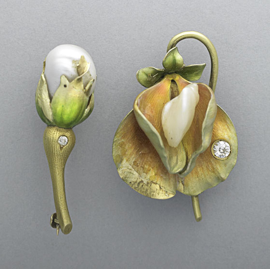 Art Nouveau enameled gold flower brooches, to be sold Dec. 9. Estimate: $1,200-$1,800. Rago Arts and Auction Center image.