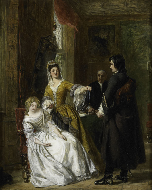 William Powell Frith, R.A., oil on panel, ‘The Love Token.’ $8,000-$12,000. Rago Arts and Auction Center image.
