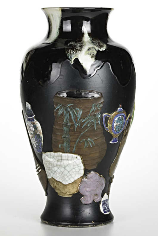 urn-shaped vase with applied decorations of Japanese ceramics. Estimate: $2,000-$3,000. Rago Arts and Auction Center image.