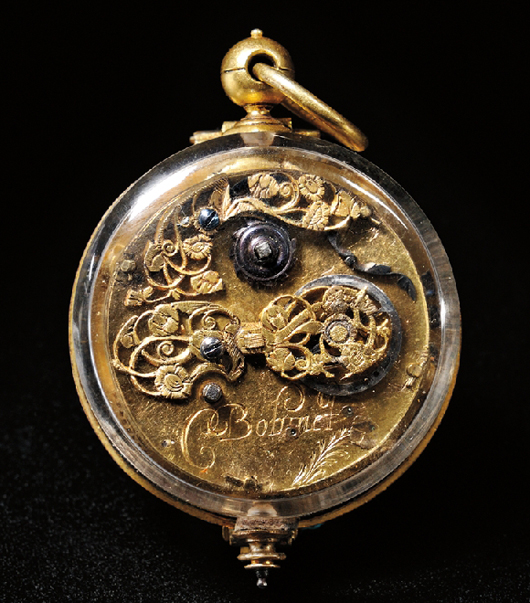 Charles Bobinet gilt and rock crystal case watch, Switzerland, circa 1630. Estimate:$15,000-$20,000. Skinner Inc. image.
